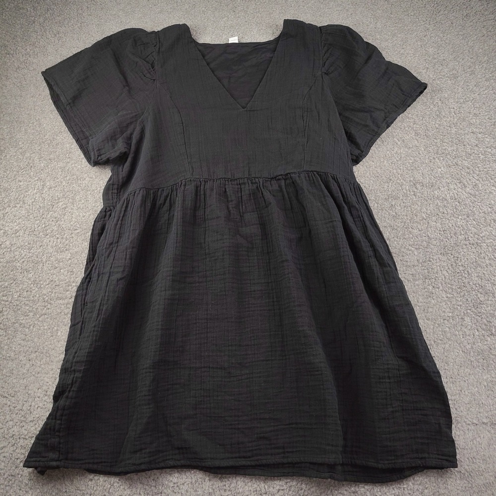 Old Navy Mini Dress Sz XL V-Neck Empire Waist Gauze Black Pockets Cotton EUC